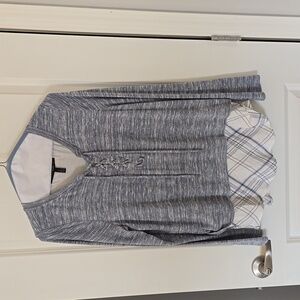 White House Black Market Heather Blue Plaid Hem Knit Top Lace Up Neck - Large